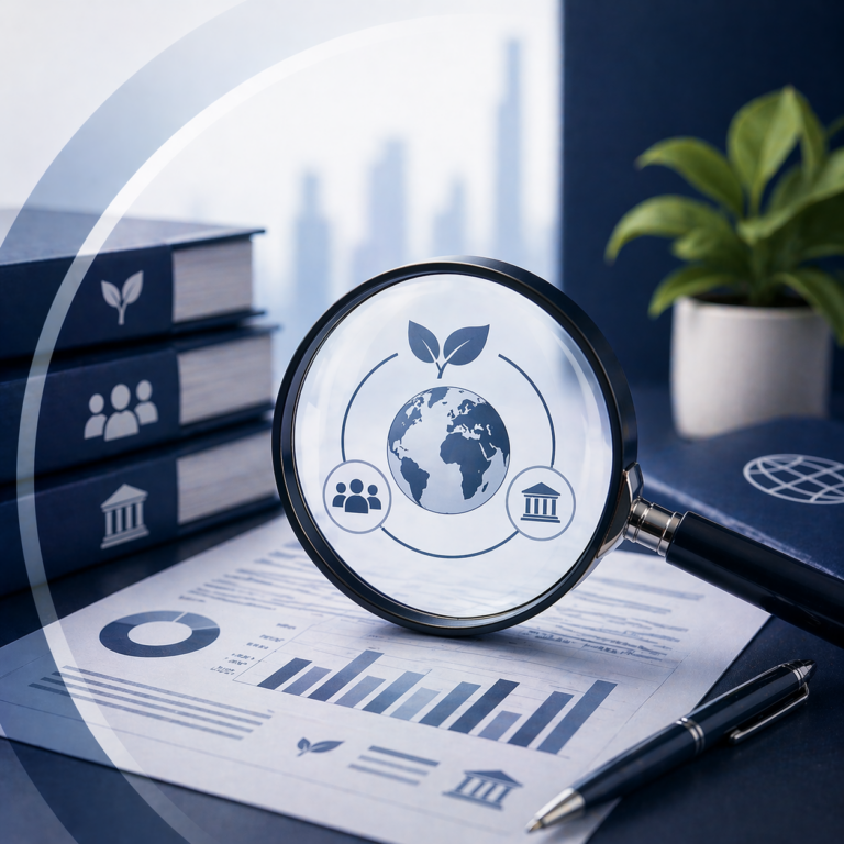 Consulente ESG che verifica un bilancio di sostenibilità aziendale conforme alla CSRD